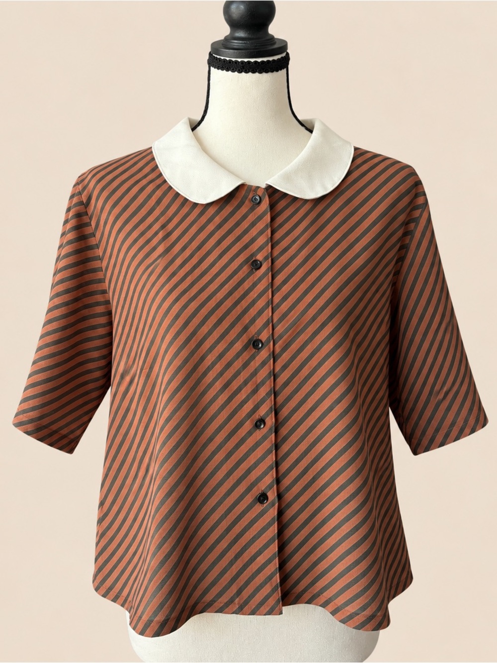 80s Vintage Stripe Peter Pan Collar Blouse M